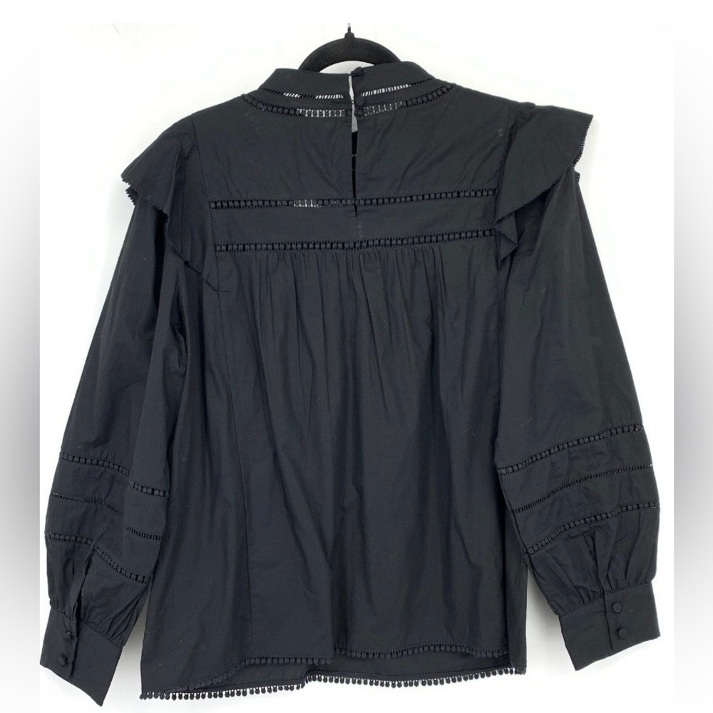 J. Crew Black Cotton Long sleeved Ruffle Top with Lace &  Pintuck Detail. Small